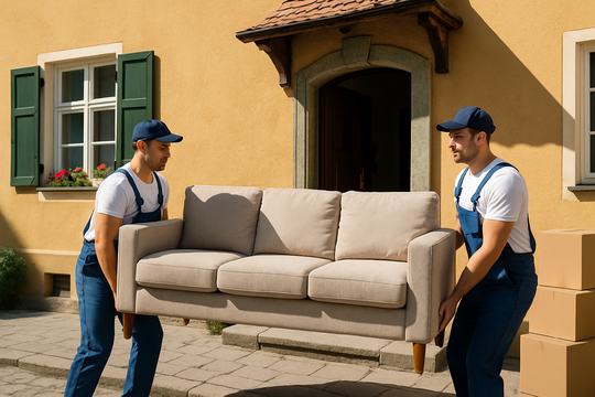 Beiladung Augsburg – Sofa wird zu zweit aus dem Haus getragen